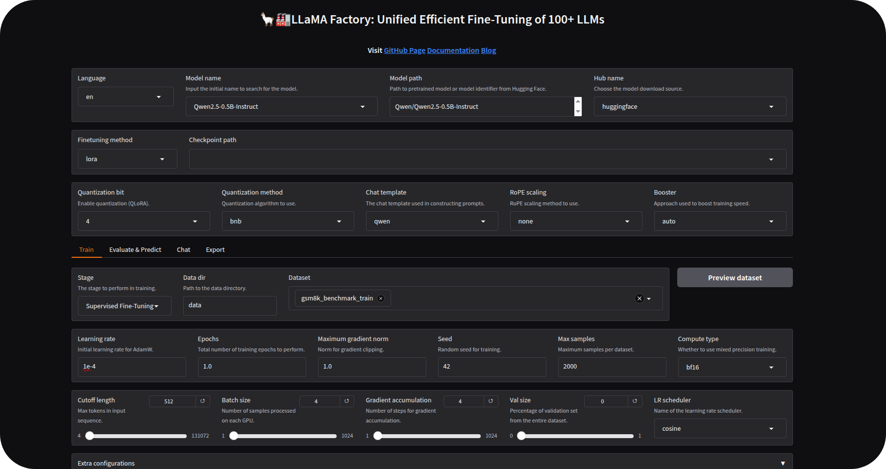 0.5B QLoRA training configuration in the LLaMA-Factory WebUI