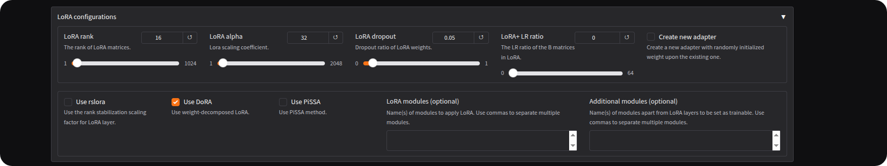 QDoRA configuration keeping the same recipe across the four sizes